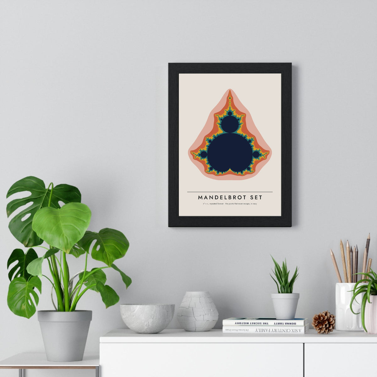 Mandelbrot Set print framed on a living room wall