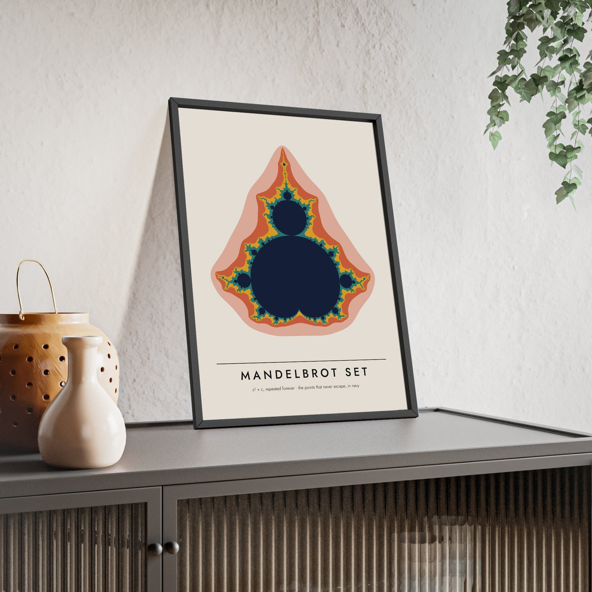 Mandelbrot Set print framed and leaning on a sideboard