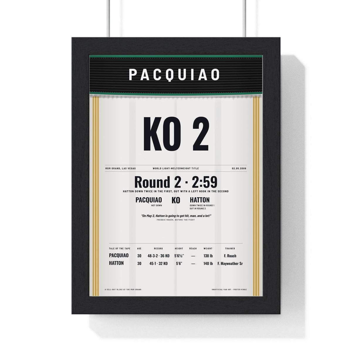 Pacquiao v Hatton 2009 Boxing Poster framed in a black frame, ready to hang