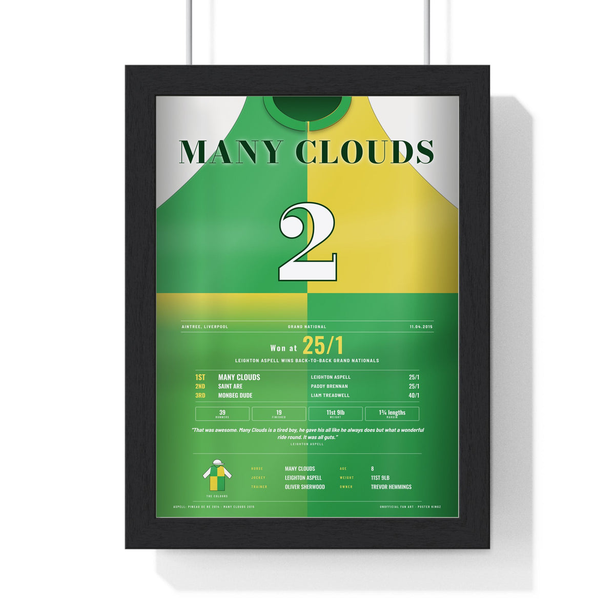 Many Clouds Grand National 2015 Horse Racing Poster - Aspell Back to Back Silks Print framed in a black frame, ready to hang