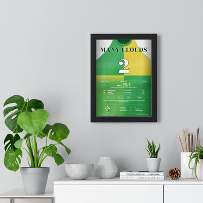 Many Clouds Grand National 2015 Horse Racing Poster - Aspell Back to Back Silks Print framed on a living room wall