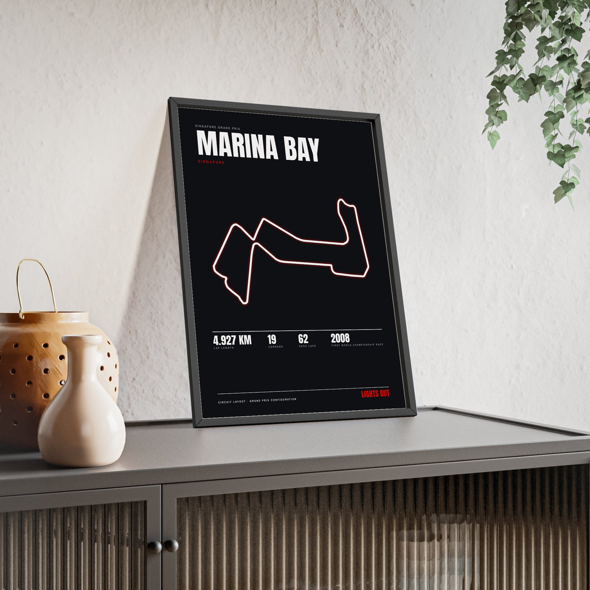 Marina Bay Circuit print framed and leaning on a sideboard