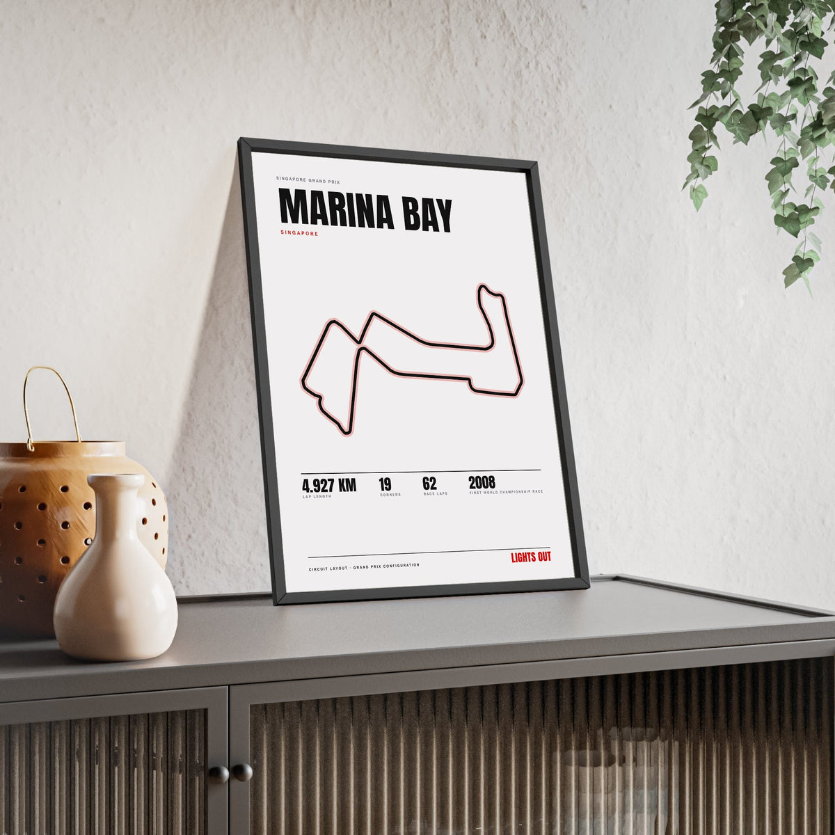 Marina Bay Circuit print White framed and leaning on a sideboard