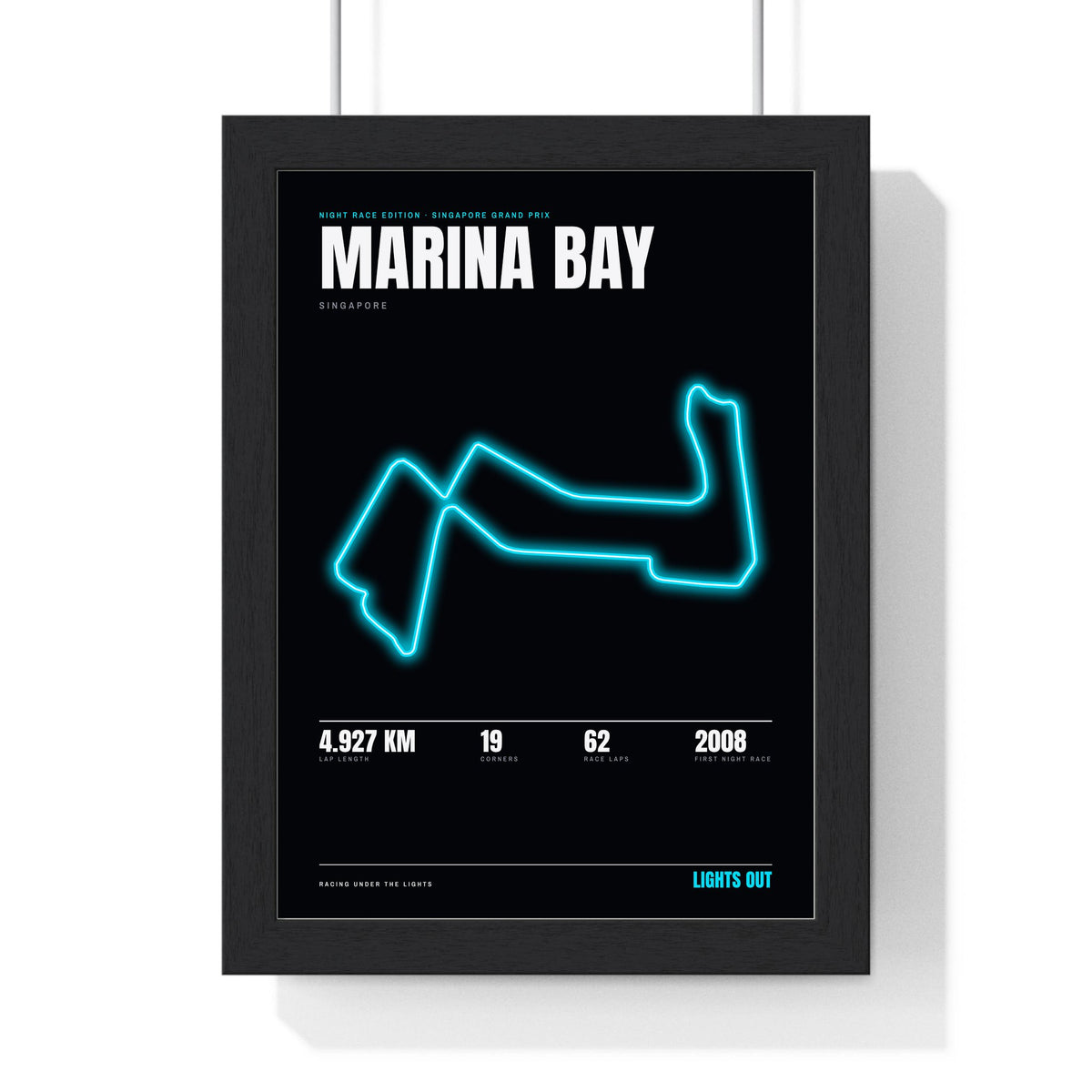 Marina Bay Night Race print framed in a black frame, ready to hang
