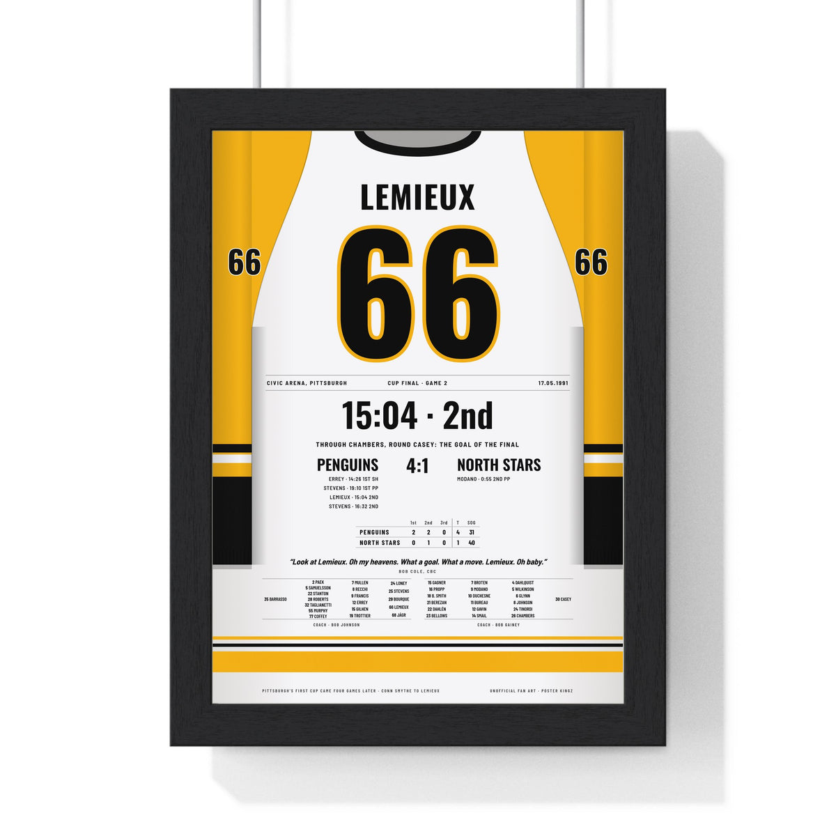 Mario Lemieux 1991 Cup Final Solo Goal Poster - Pittsburgh Penguins 66 Hockey Jersey Print framed in a black frame, ready to hang