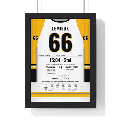 Mario Lemieux 1991 Cup Final Solo Goal Poster - Pittsburgh Penguins 66 Hockey Jersey Print framed in a black frame, ready to hang
