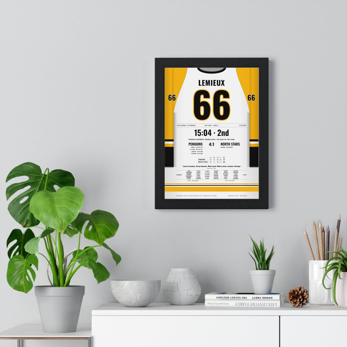 Mario Lemieux 1991 Cup Final Solo Goal Poster - Pittsburgh Penguins 66 Hockey Jersey Print framed on a living room wall