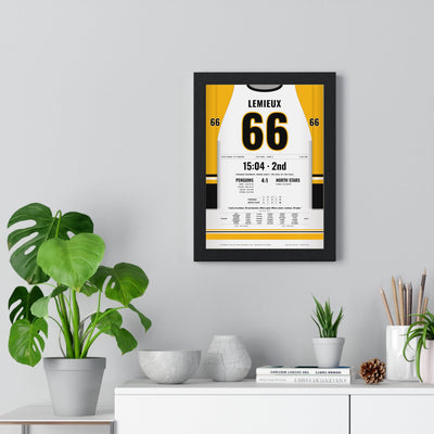 Mario Lemieux 1991 Cup Final Solo Goal Poster - Pittsburgh Penguins 66 Hockey Jersey Print framed on a living room wall