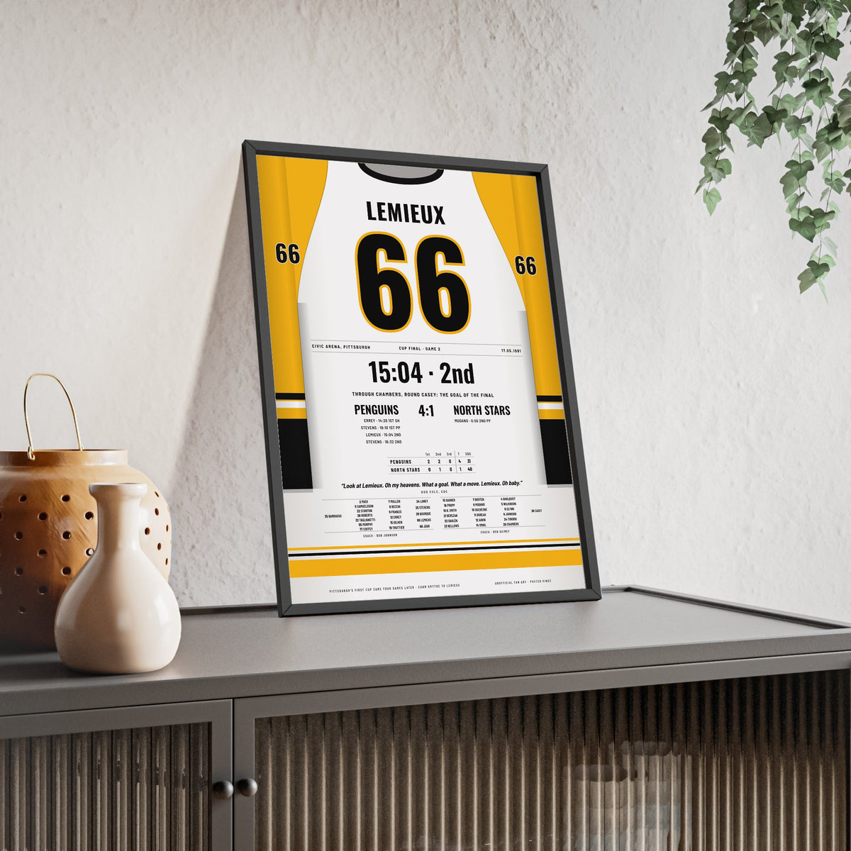 Mario Lemieux 1991 Cup Final Solo Goal Poster - Pittsburgh Penguins 66 Hockey Jersey Print framed and leaning on a sideboard