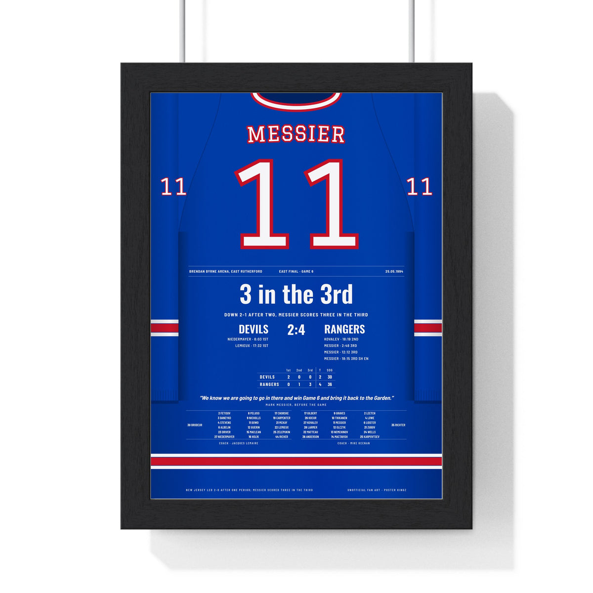 Mark Messier 1994 Conference Final Hat Trick Poster - New York Rangers 11 Hockey Jersey Print framed in a black frame, ready to hang