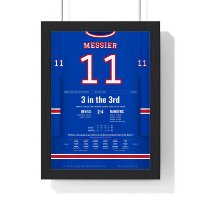 Mark Messier 1994 Conference Final Hat Trick Poster - New York Rangers 11 Hockey Jersey Print framed in a black frame, ready to hang
