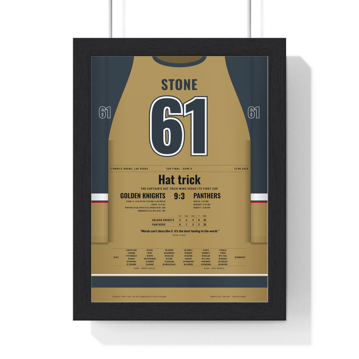 Mark Stone 2023 Cup Final Hat Trick Poster - Vegas Golden Knights 61 Hockey Jersey Print framed in a black frame, ready to hang