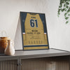 Mark Stone 2023 Cup Final Hat Trick Poster - Vegas Golden Knights 61 Hockey Jersey Print framed and leaning on a sideboard