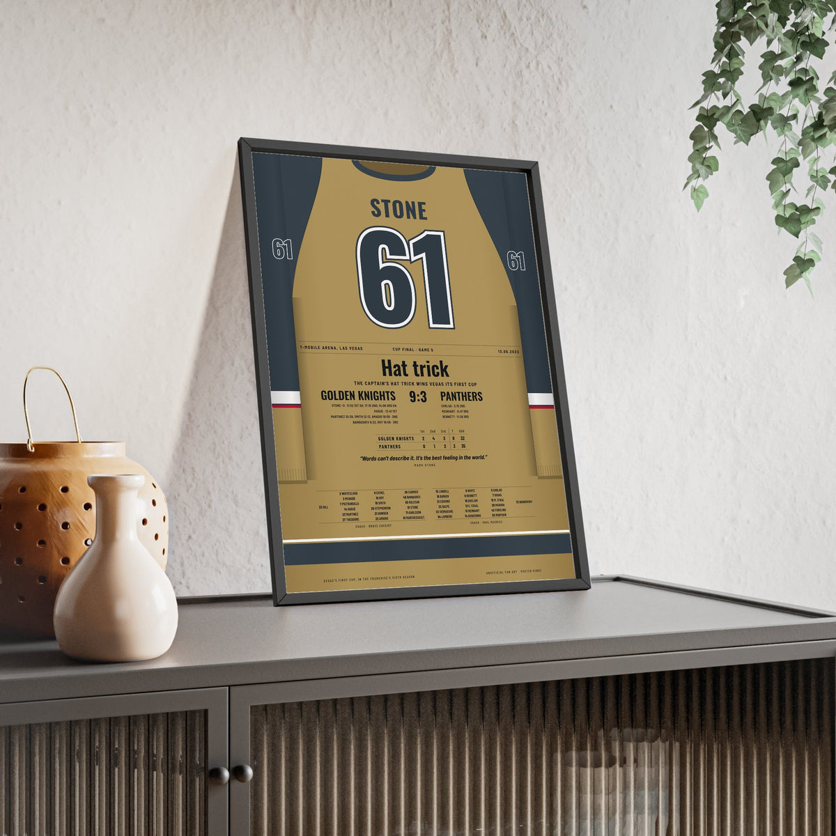 Mark Stone 2023 Cup Final Hat Trick Poster - Vegas Golden Knights 61 Hockey Jersey Print framed and leaning on a sideboard