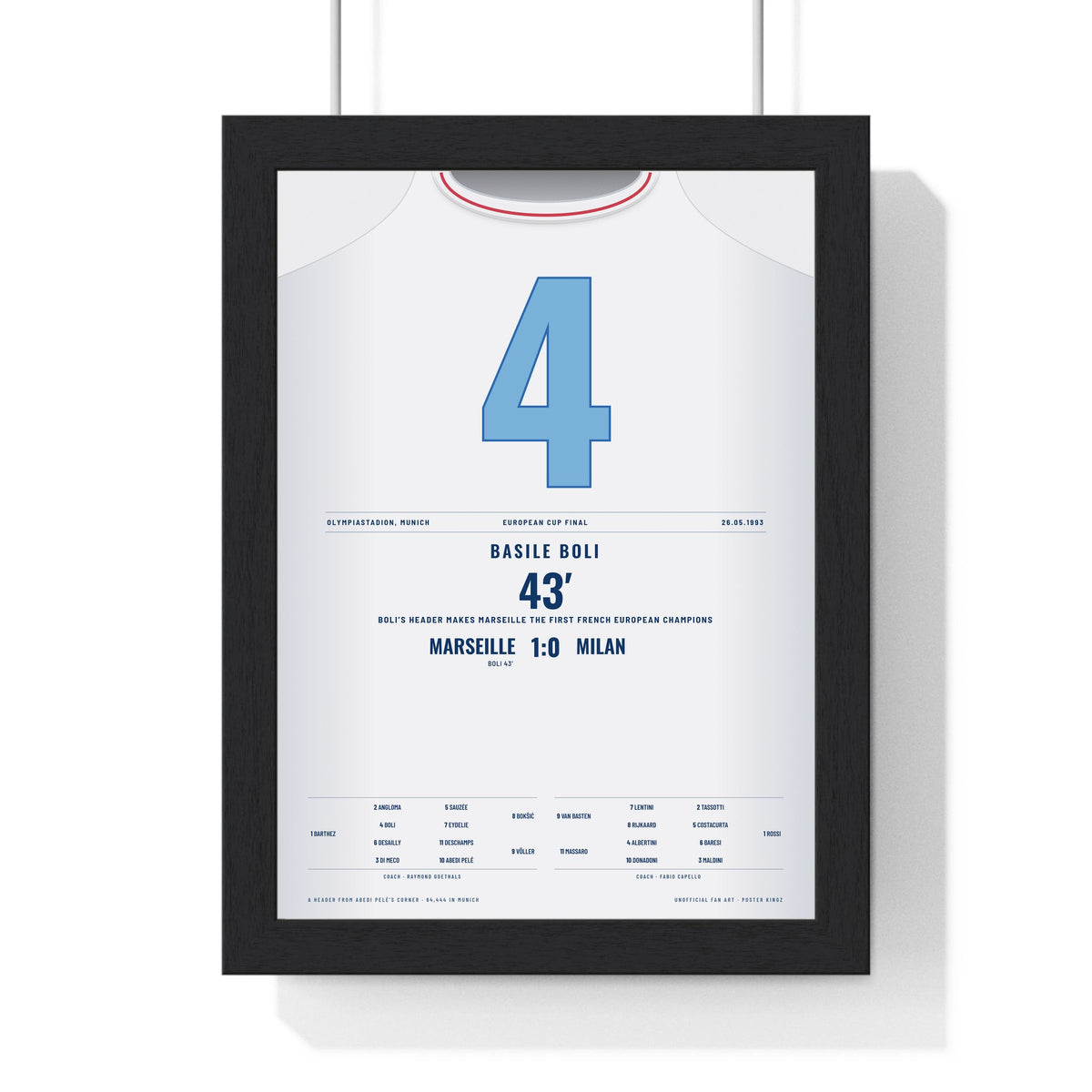 Marseille Champions League Final 1993 Poster - Basile Boli 4 Header v Milan Shirt Print framed in a black frame, ready to hang