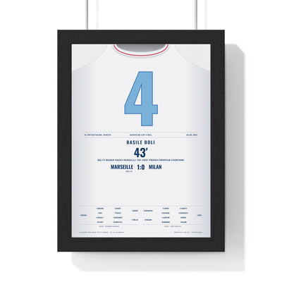Marseille Champions League Final 1993 Poster - Basile Boli 4 Header v Milan Shirt Print framed in a black frame, ready to hang