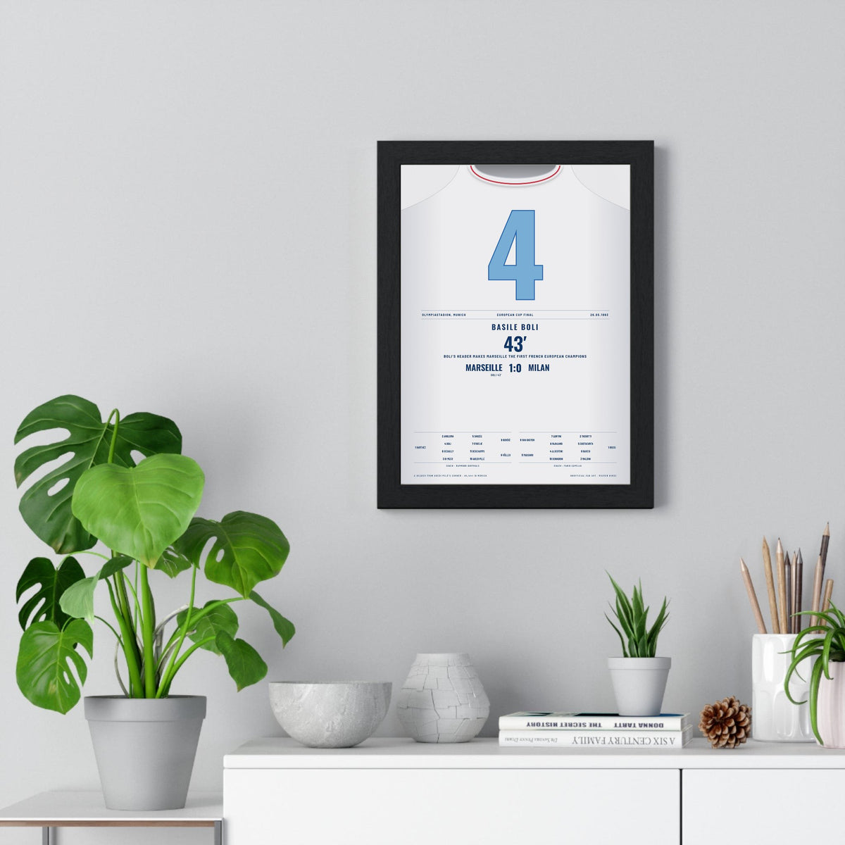 Marseille Champions League Final 1993 Poster - Basile Boli 4 Header v Milan Shirt Print framed on a living room wall