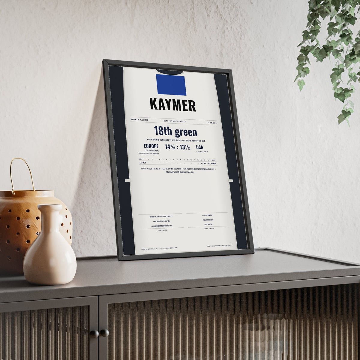 Martin Kaymer Medinah 2012 Golf Poster - Caddie Bib Europe v USA Winning Putt Print framed and leaning on a sideboard