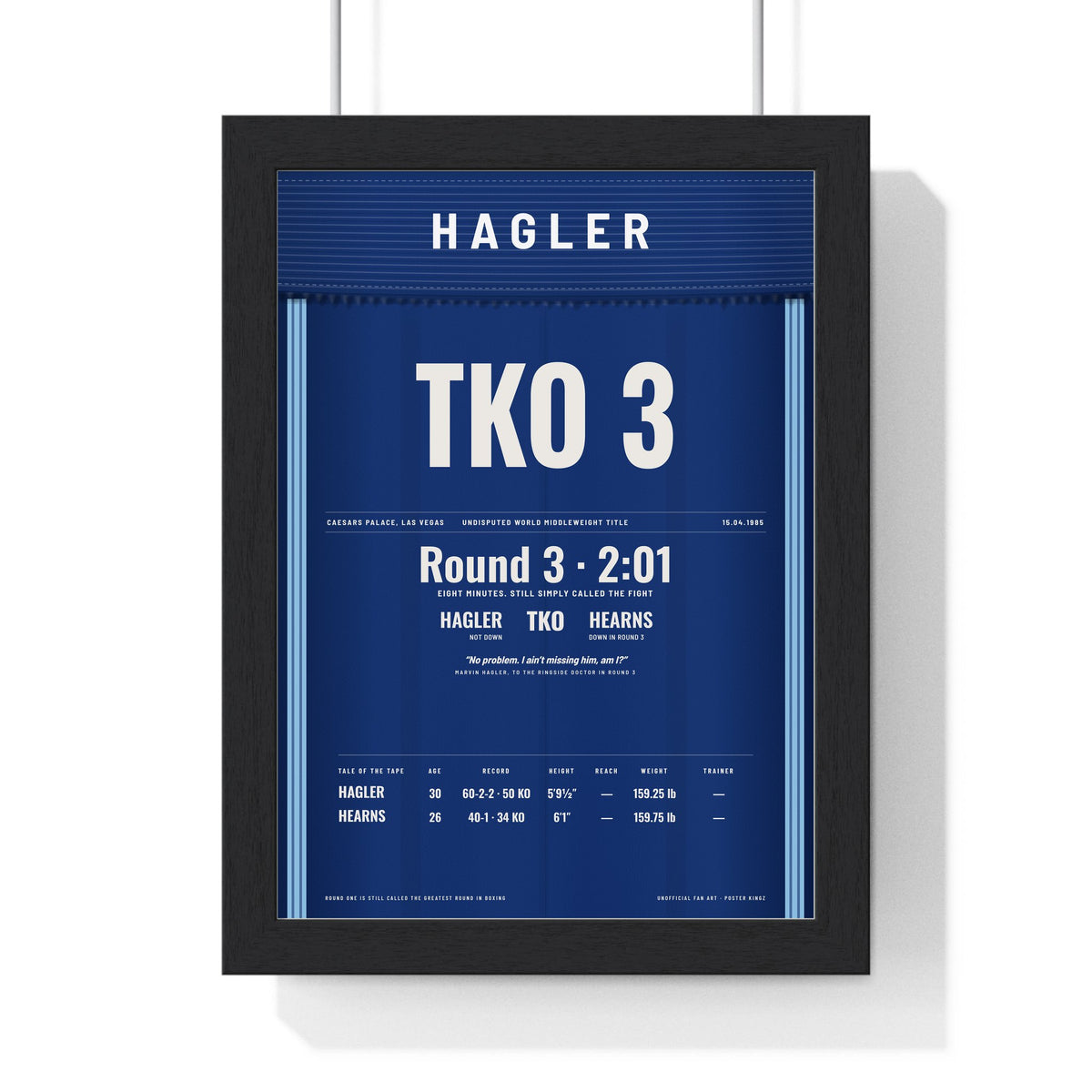 Hagler v Hearns 1985 Boxing Poster framed in a black frame, ready to hang