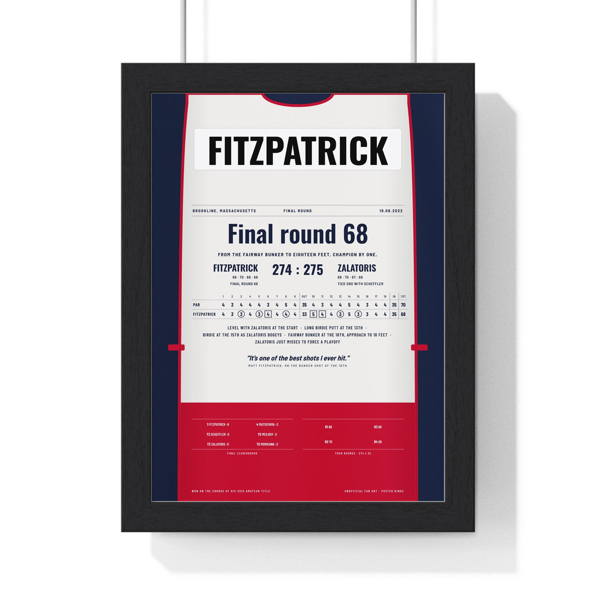 Matt Fitzpatrick Brookline 2022 Golf Poster - Caddie Bib Final Round Win Print framed in a black frame, ready to hang
