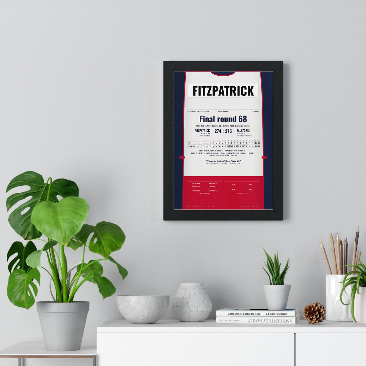 Matt Fitzpatrick Brookline 2022 Golf Poster - Caddie Bib Final Round Win Print framed on a living room wall