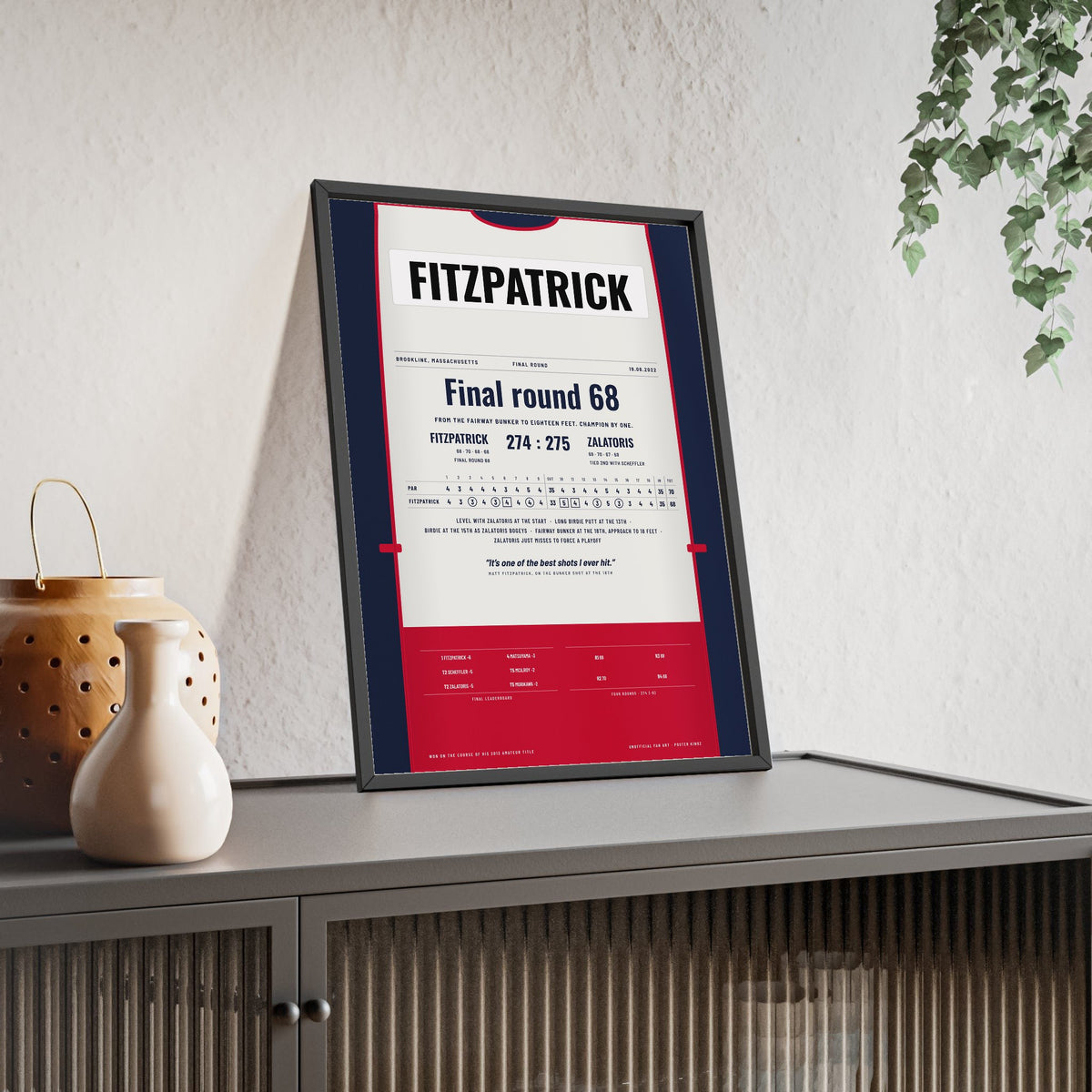Matt Fitzpatrick Brookline 2022 Golf Poster - Caddie Bib Final Round Win Print framed and leaning on a sideboard