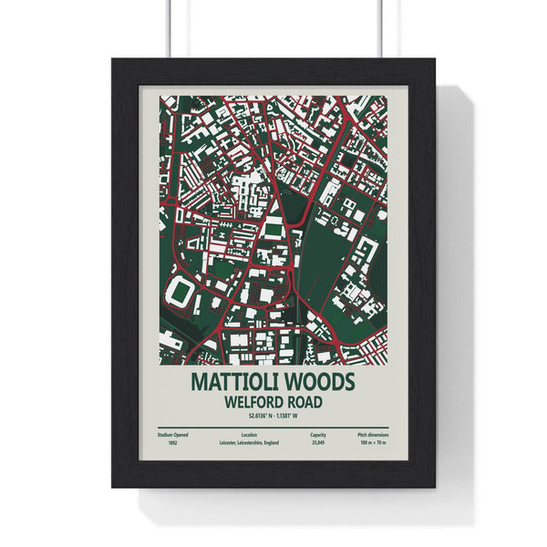 Framed Mattioli Woods Welford Road stadium map poster with green, red and white Leicester Tigers design