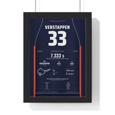 Max Verstappen 2019 German Grand Prix Win Poster - 33 Race Suit Print framed in a black frame, ready to hang