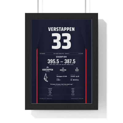 Max Verstappen 2021 Abu Dhabi Grand Prix Win and World Title Poster - 33 Race Suit Print framed in a black frame, ready to hang