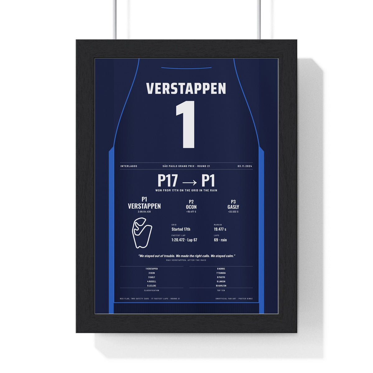 Max Verstappen 2024 São Paulo Grand Prix Win Poster - 1 Race Suit Print framed in a black frame, ready to hang