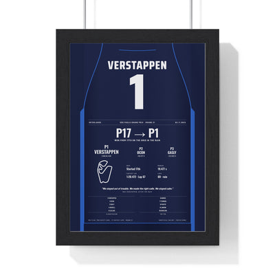 Max Verstappen 2024 São Paulo Grand Prix Win Poster - 1 Race Suit Print framed in a black frame, ready to hang