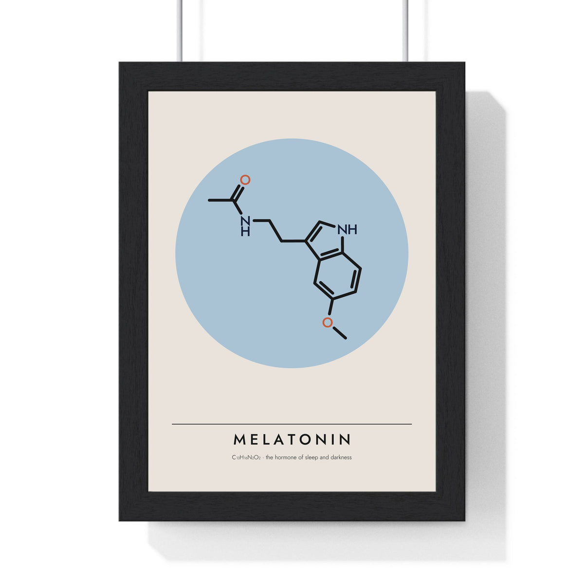 Melatonin Molecule print framed in a black frame, ready to hang