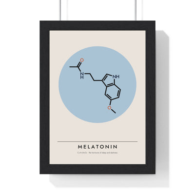 Melatonin Molecule print framed in a black frame, ready to hang