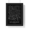 Melbourne street map poster in black, minimal city map print framed in a black frame