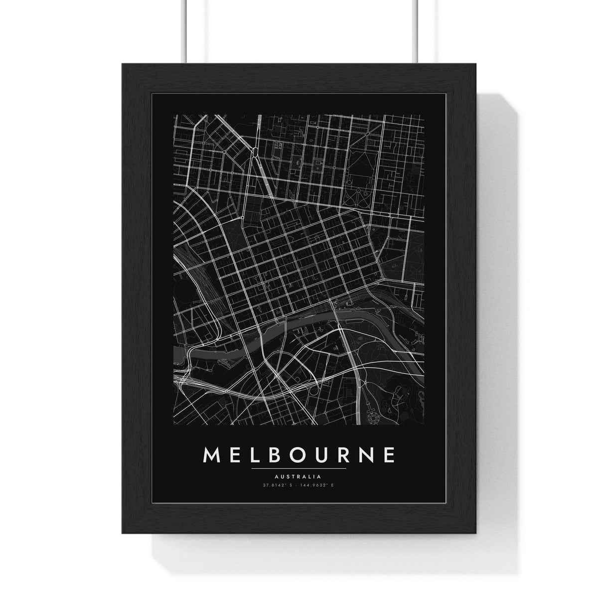 Melbourne street map poster in black, minimal city map print framed in a black frame