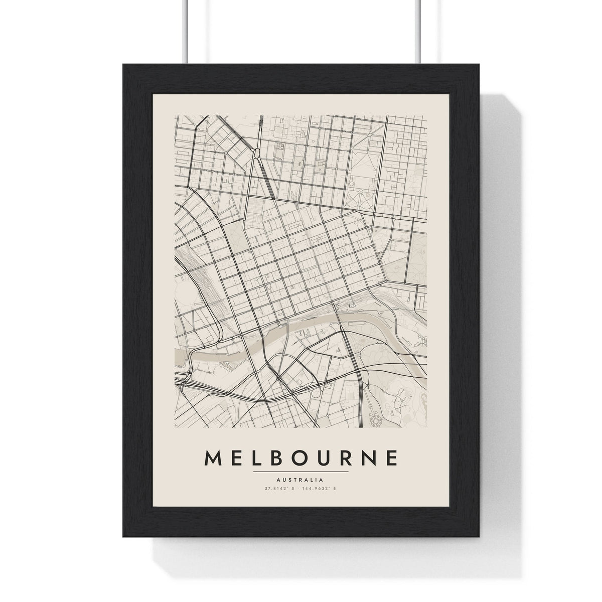 Melbourne street map poster in cream, minimal city map print framed in a black frame