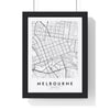 Melbourne street map poster in white, minimal city map print framed in a black frame