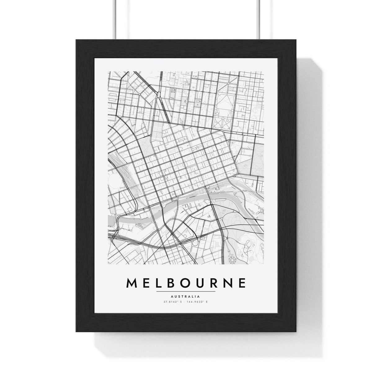 Melbourne street map poster in white, minimal city map print framed in a black frame