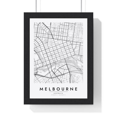 Melbourne street map poster in white, minimal city map print framed in a black frame