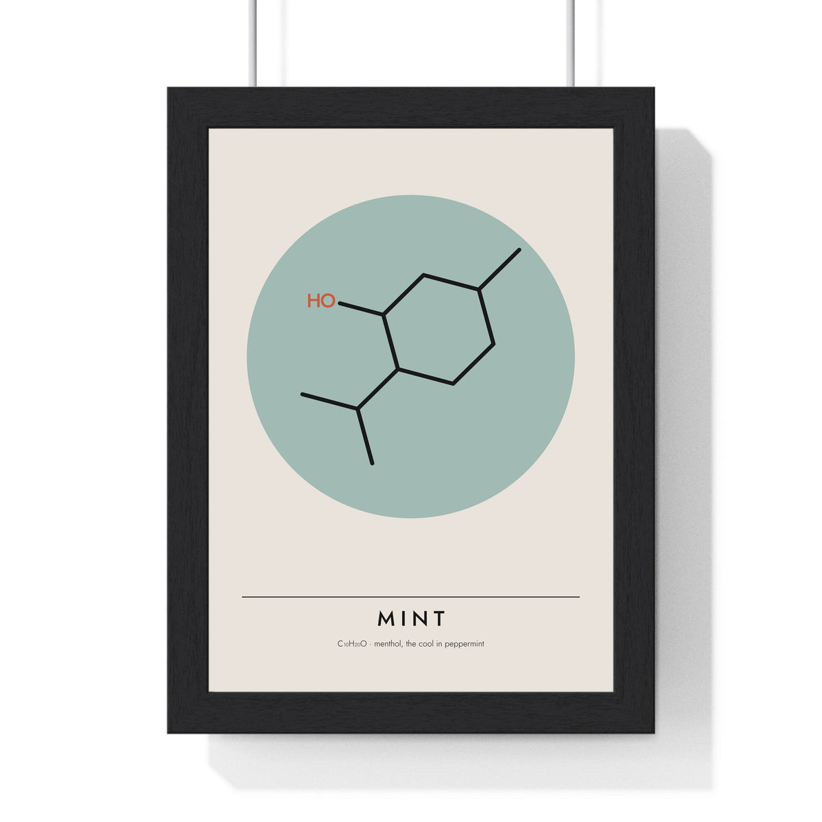 Menthol Molecule print framed in a black frame, ready to hang
