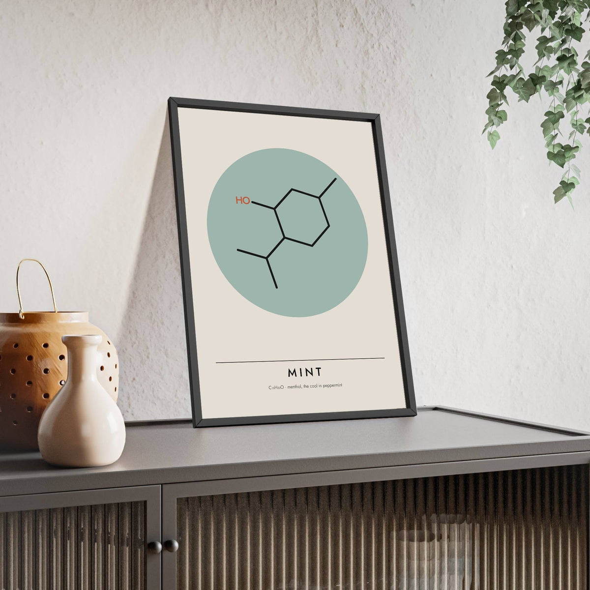 Menthol Molecule print framed and leaning on a sideboard