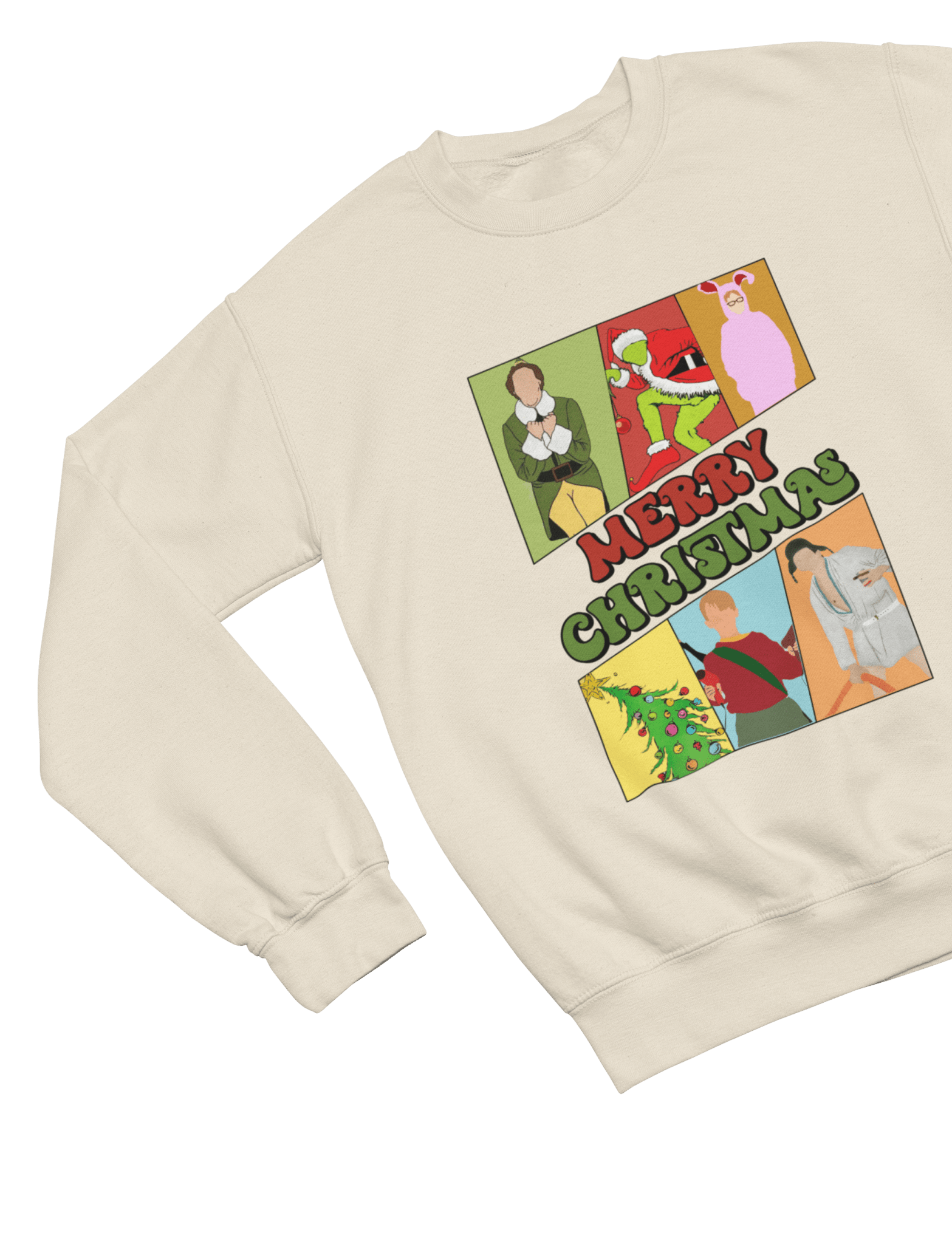 White t-shirt with Merry Christmas Movie Boys Jumper & - Festive Film Parody flat lay