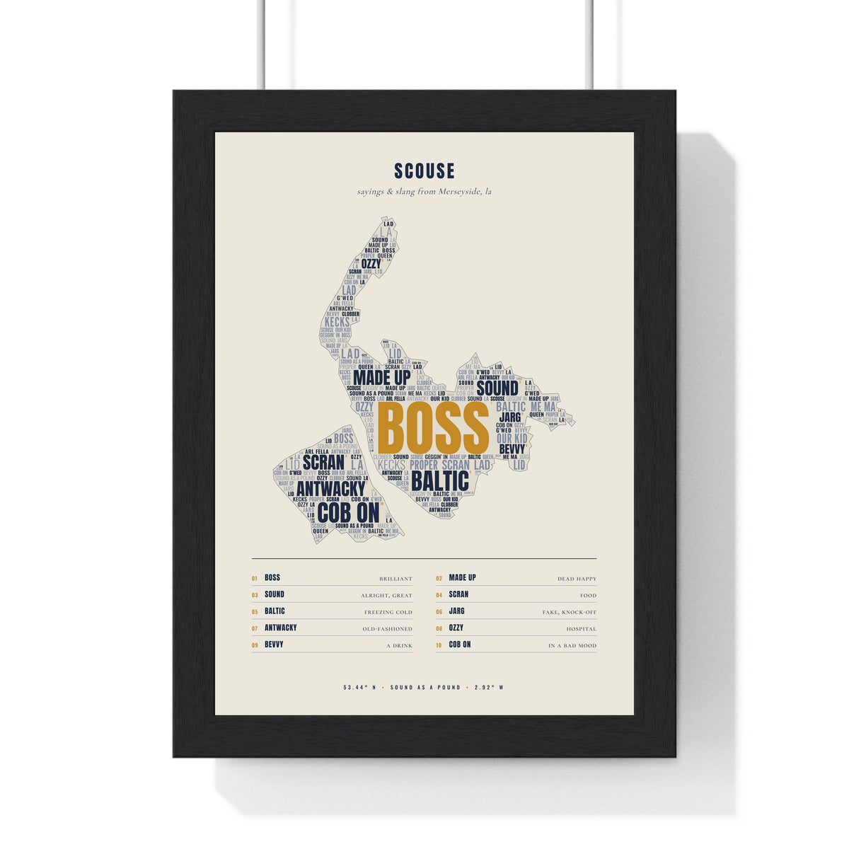 Merseyside Sayings Print in a black frame