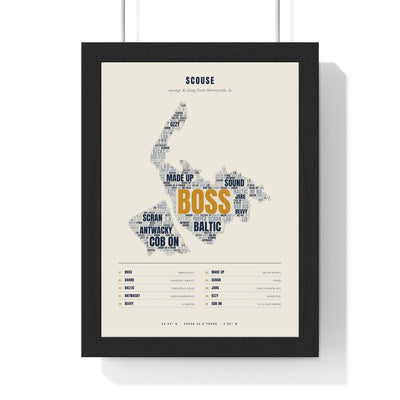 Merseyside Sayings Word Map in a black frame, one of the three prints in the Scouse set