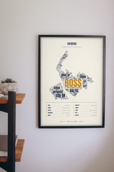 Merseyside Sayings Print framed on a wall