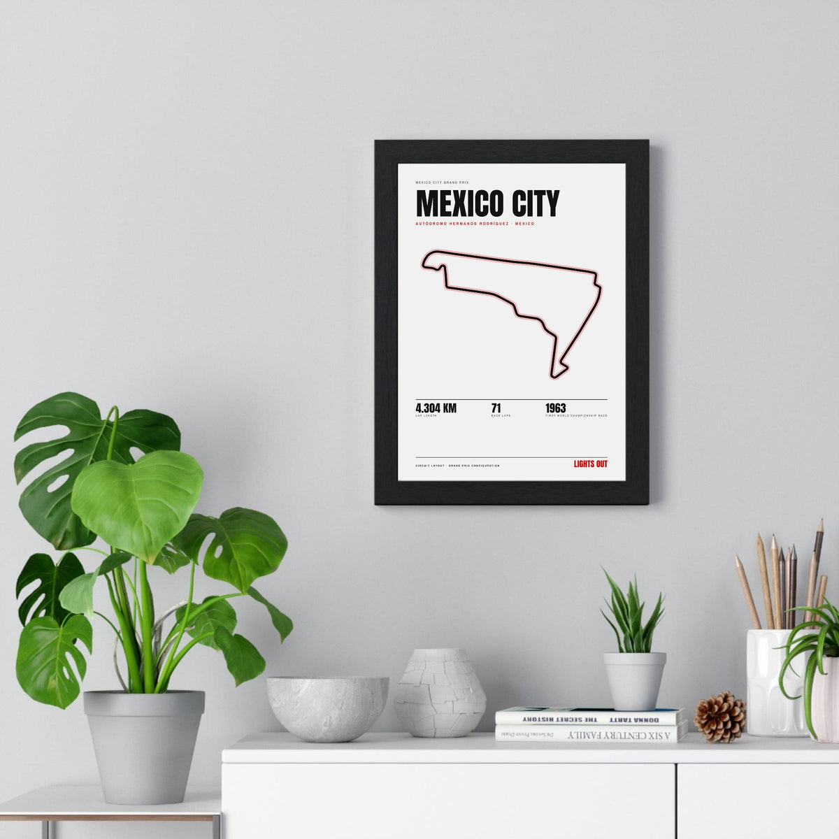 Mexico City Circuit print White framed on a living room wall