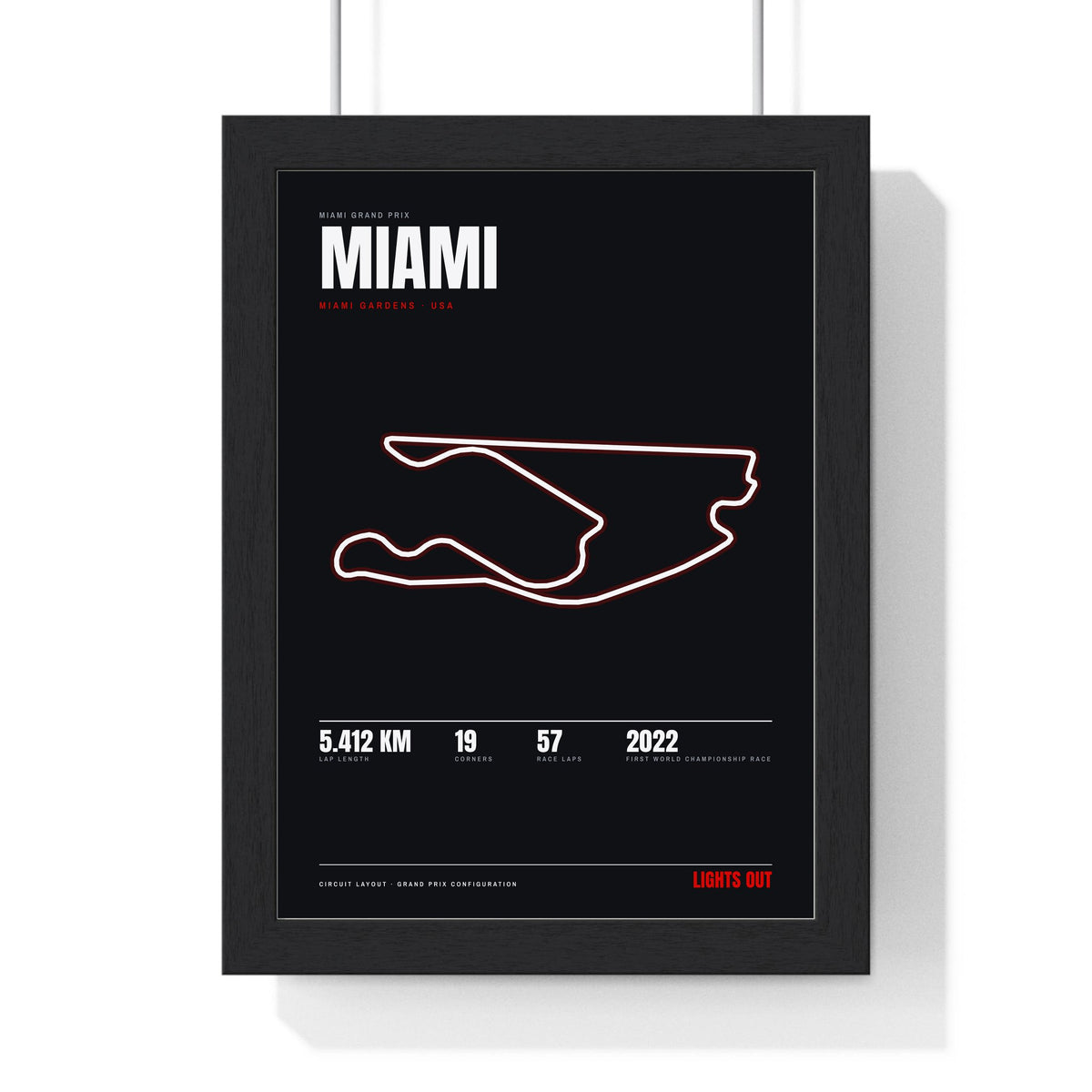 Miami Circuit print framed in a black frame, ready to hang