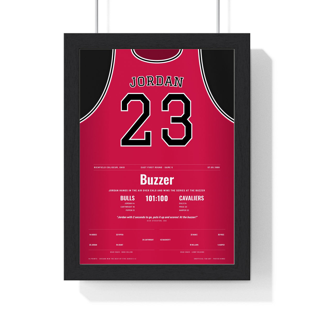 Michael Jordan 1989 The Shot Poster - Chicago Bulls 23 Buzzer-Beater Over Ehlo Jersey Print framed in a black frame, ready to hang