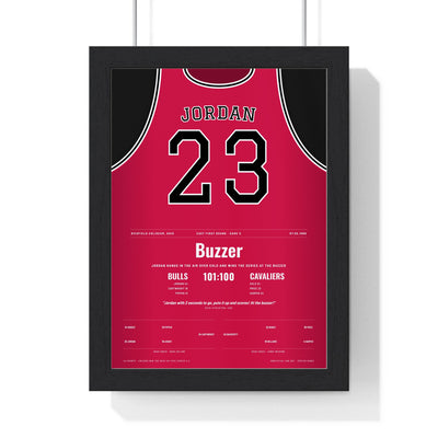 Michael Jordan 1989 The Shot Poster - Chicago Bulls 23 Buzzer-Beater Over Ehlo Jersey Print framed in a black frame, ready to hang