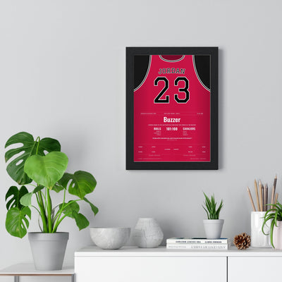 Michael Jordan 1989 The Shot Poster - Chicago Bulls 23 Buzzer-Beater Over Ehlo Jersey Print framed on a living room wall